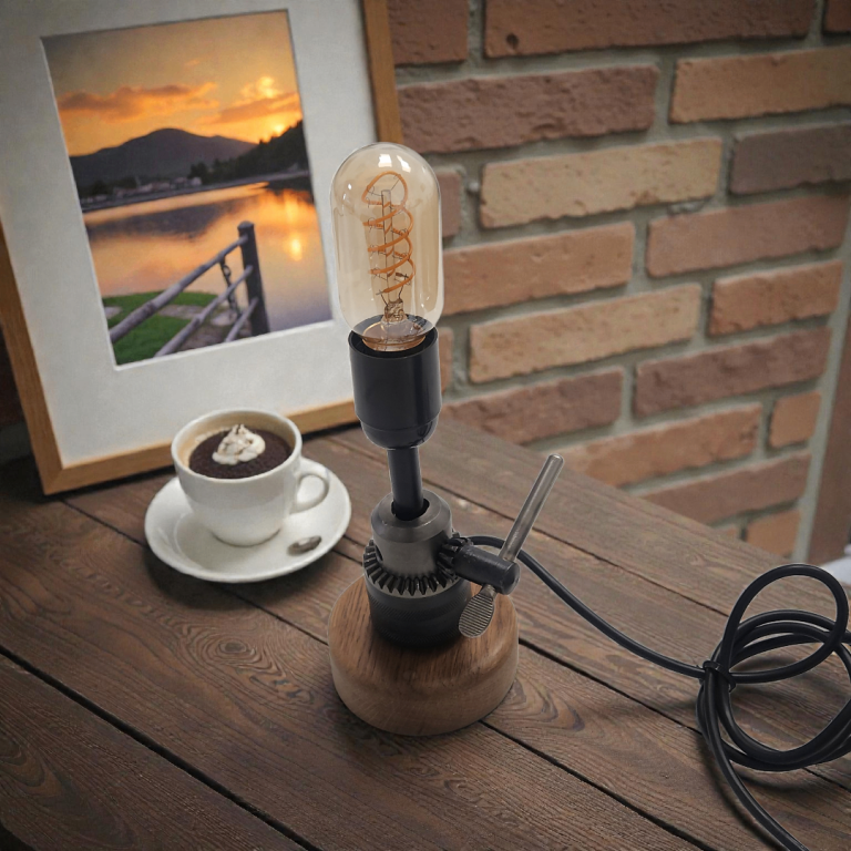 Pillar Drill Chuck Table Lamp on Solid Oak Base – Industrial Workshop Style Light