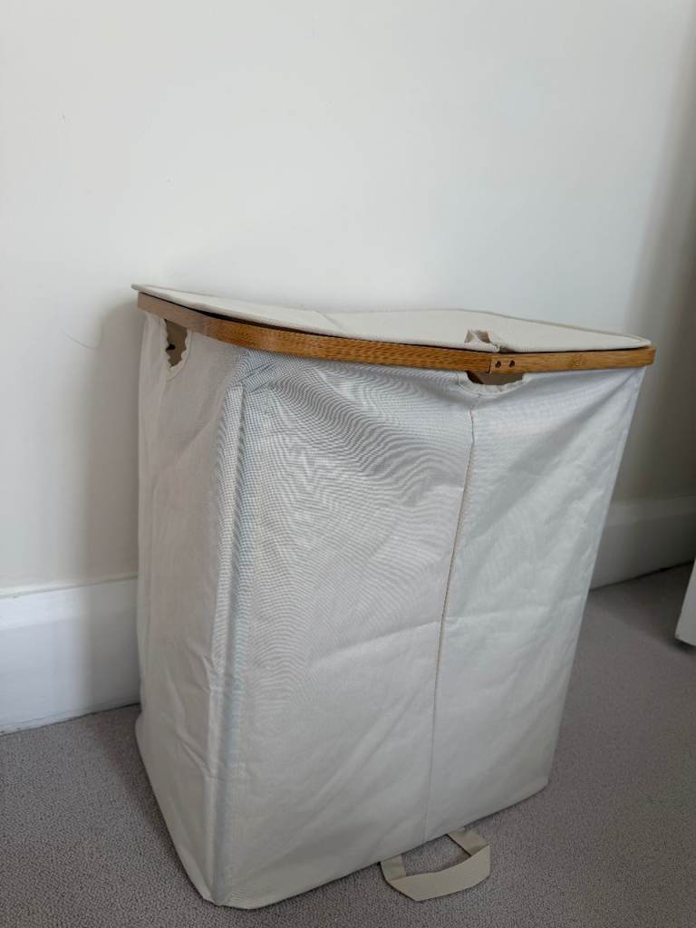 White Fabric Laundry Basket with Wooden Rim