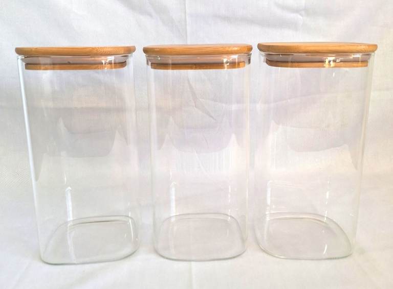 3 Pack of Square Airtight Bamboo Glass Food Storage Jars 20x10x10cm 1.5 Litres each