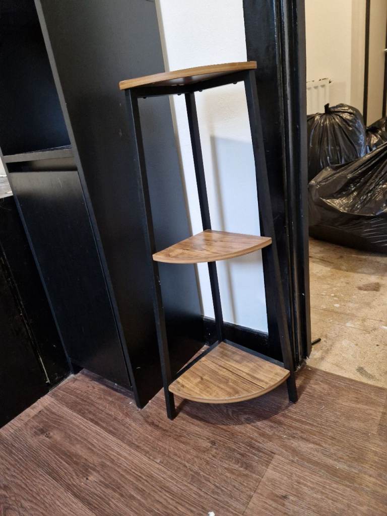 Stylish 3-Tier Corner Shelf Unit – Black Frame & Wood Effect