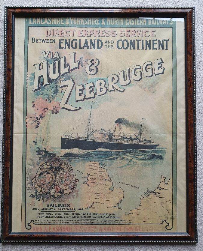 Framed reproduction of a 1907 Hull to Zeebrugge ferry poster