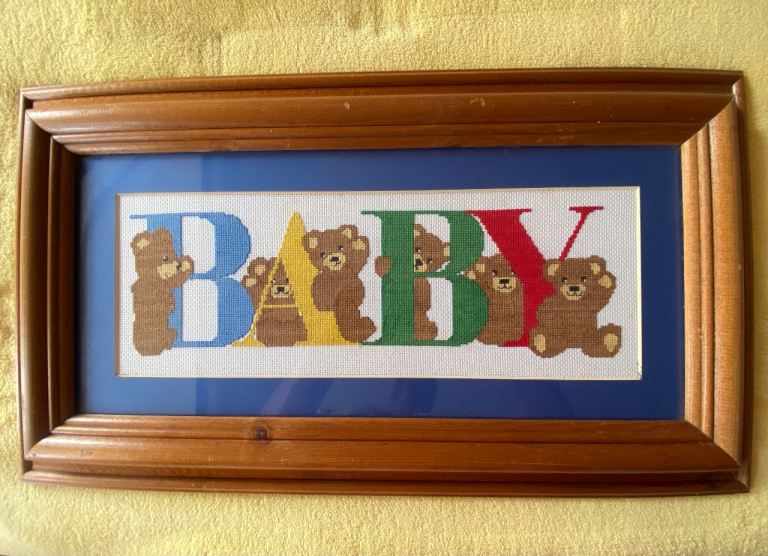 Framed Cross Stitch Art 'BABY' with Teddy Bears