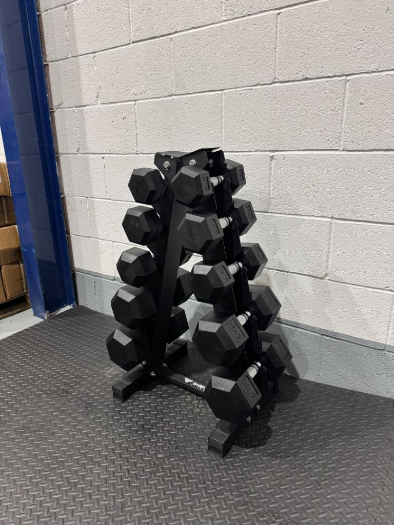 Hex Dumbbell 5-25kg Set With Vertical Rack Stand - Free weights- 6 Pairs Set