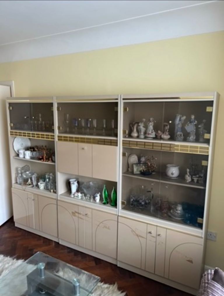 Large Beige Display Cabinet Unit with Glass Doors – Good Condition
