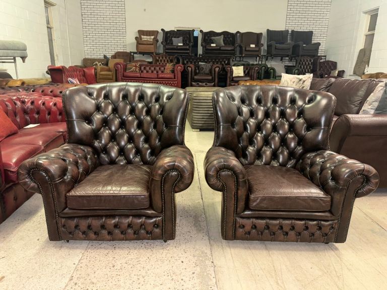 Pair of chesterfield brown real leather wingback chairs