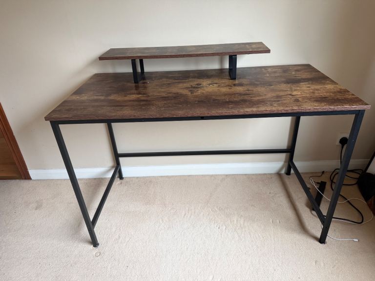 Sturdy Desk with Monitor Stand – Metal frame, rustic wood effect , Good Condition