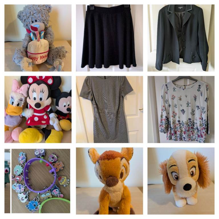 30+ Items 6 clothes (including new) + 7  plushies (Disney, TY ,Tatty Teddy) + other figures, etc