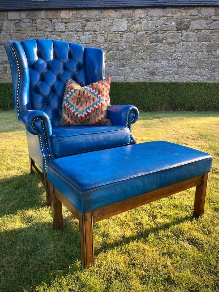 Wingback Blue Leather Armchair Scarce Colour With Matching Footstool Chesterfield 