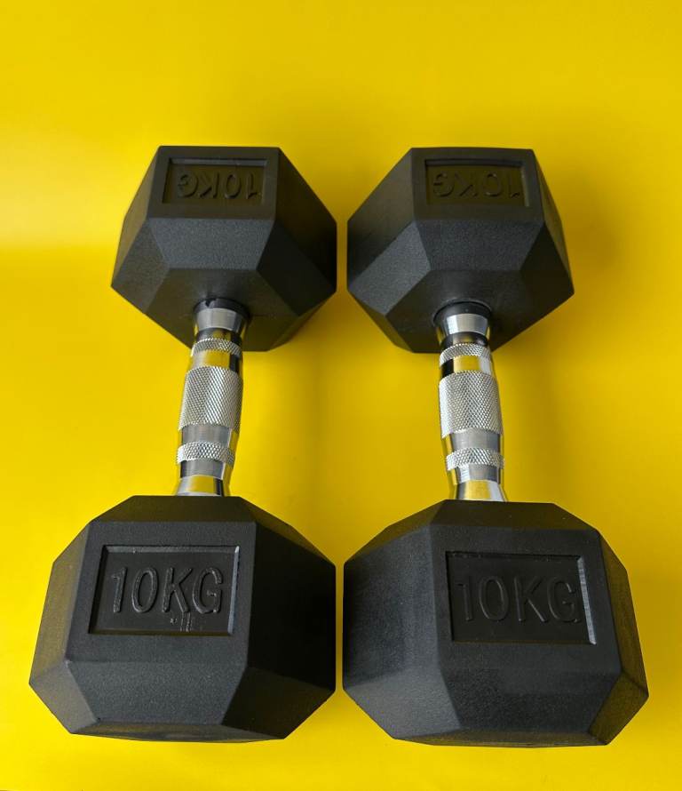 Pair of 10kg Hex Dumbbells – New