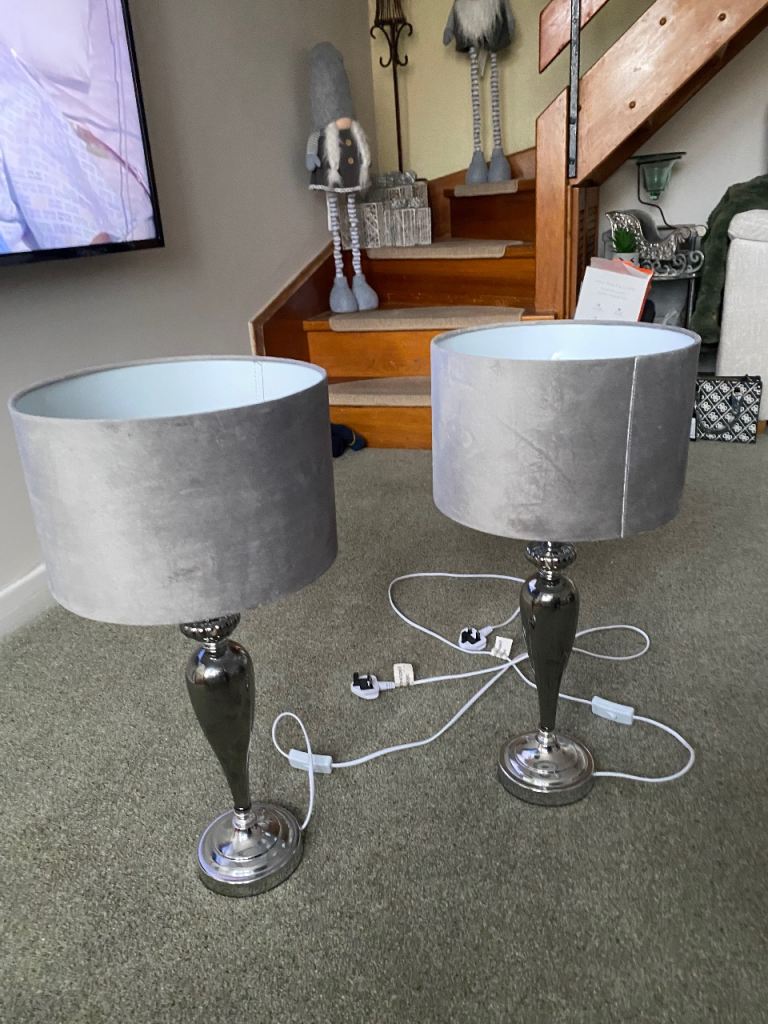 Lamps x2 Chrome Base and Grey lampshade