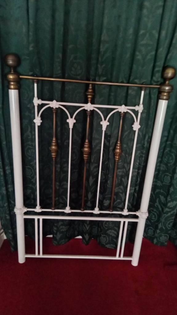 White Metal Headboard with Brass Accents – Good Condition