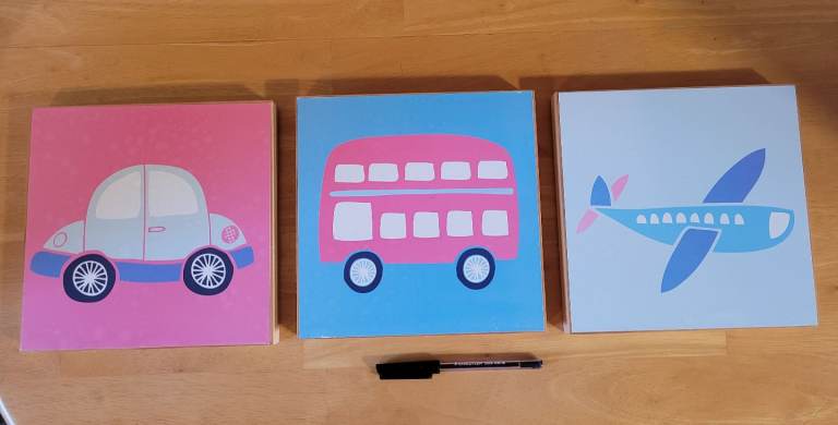 Set of 3 small wooden nursery/kids bedroom vehicle pictures. Good condition