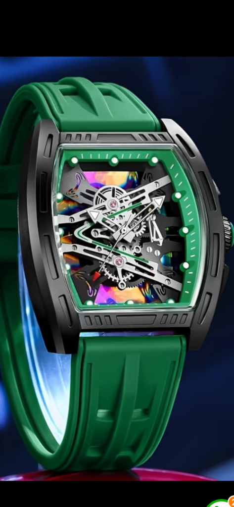 New Green Skeleton Dial Watch with Silicone Strap