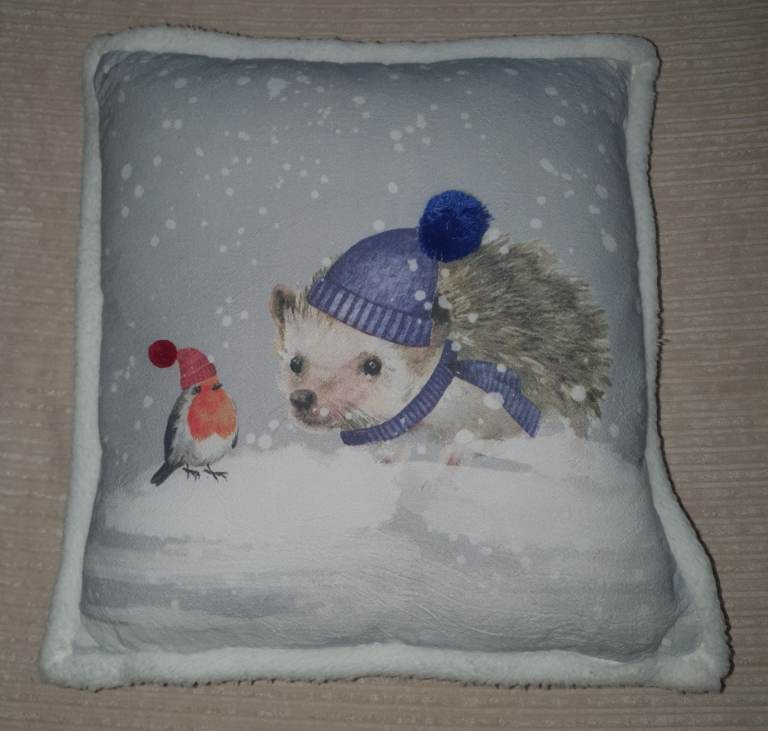 NUTMEG Home Morrisons White Christmas Faux Fur Dog Robin Cushion 16" x 16"