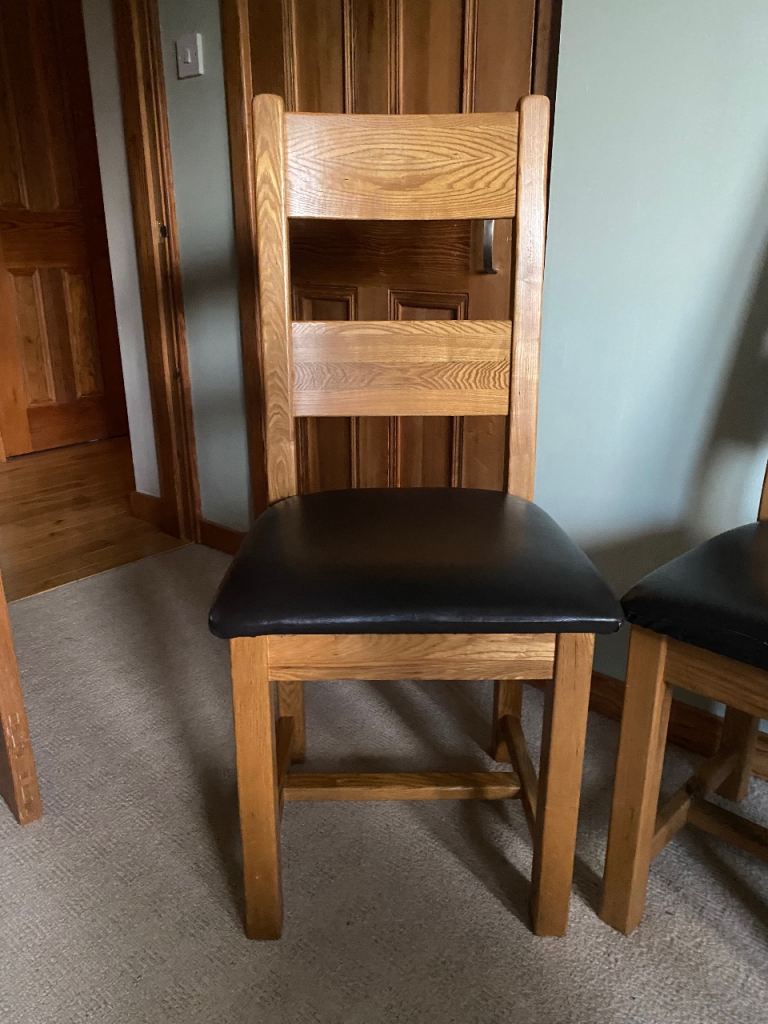 Solid Oak Dining Chair with Black Faux Leather Seat