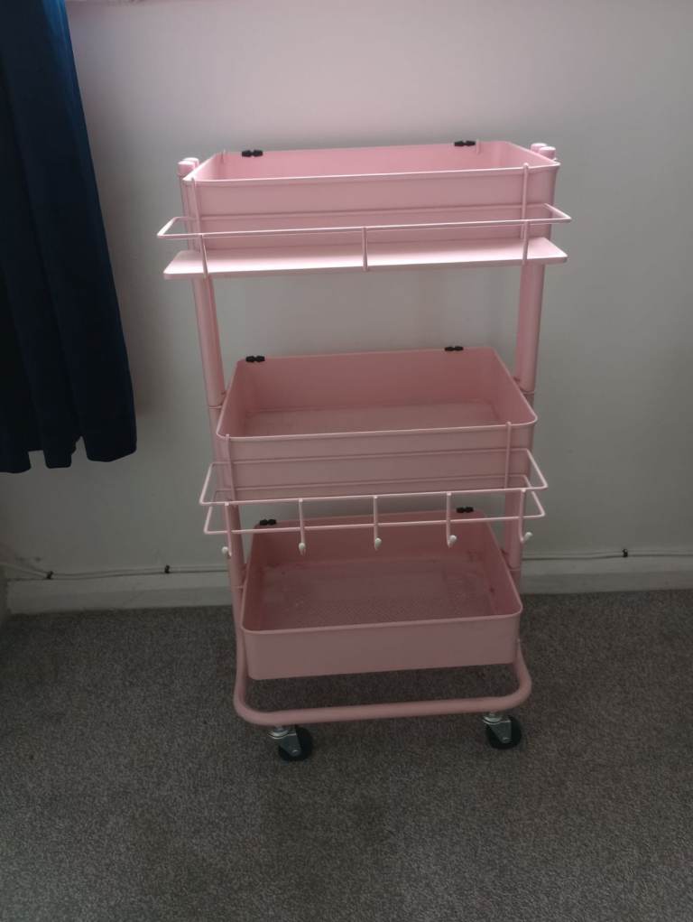 Pink Ikea Trolley (Raskog) with additional hooks shelves 