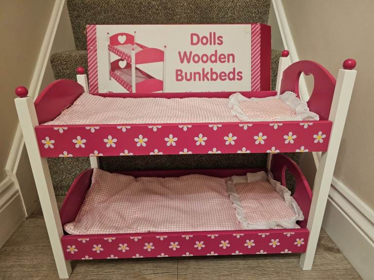 Wooden dolls bunkbeds pink flower pattern, fits up to 50cm doll