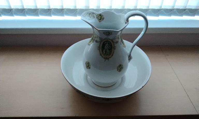 Large Vintage Green and White Pitcher and Bowl 