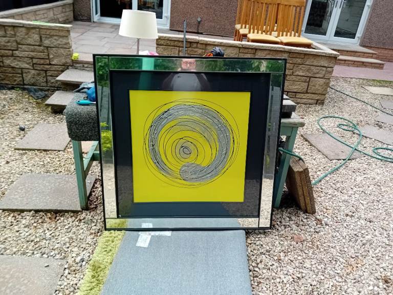 Large Mirrored Framed Wall Art - Yellow Abstract Design