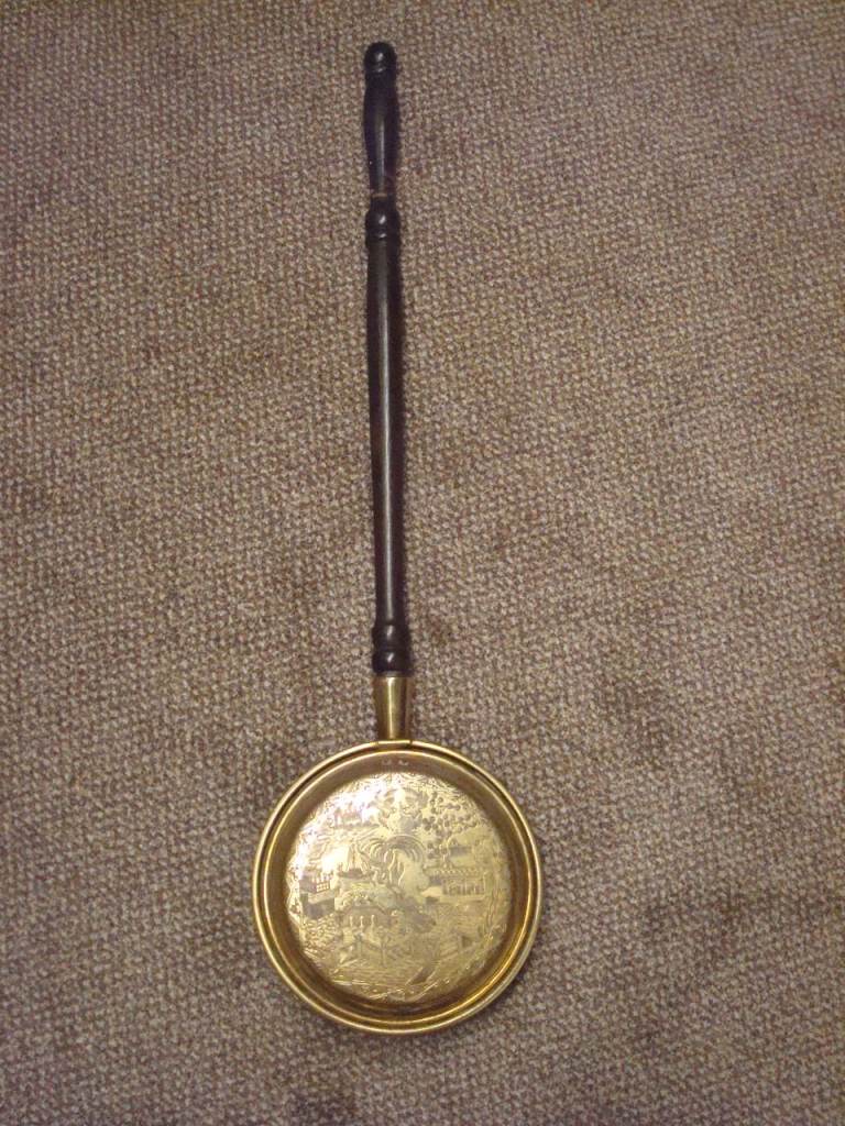 Vintage Brass Bed Warmer with Long Wooden Handle