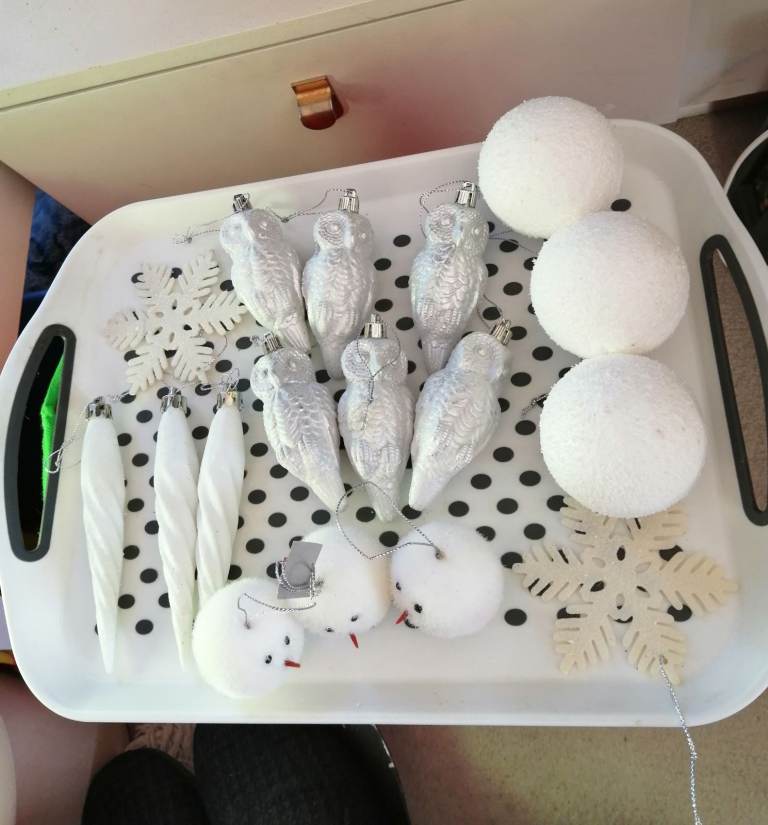 White Xmas tree decorations snow baubles , owls 