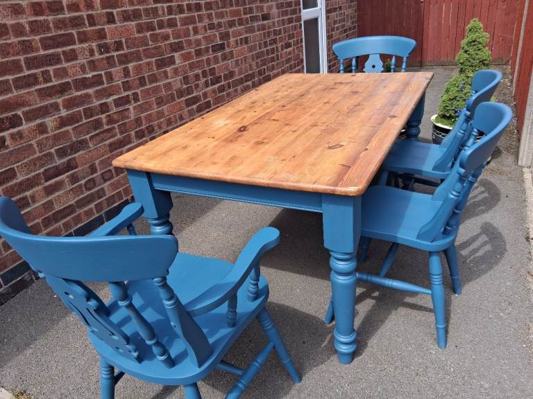 Solid Wood Dining Table & 4 Chairs – Blue & Natural Wood