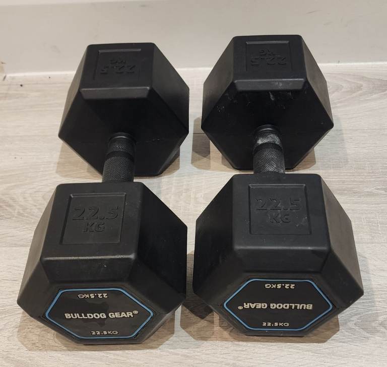 As new 2x 22.5kg bulldog gear hex rubber dumbbells set 