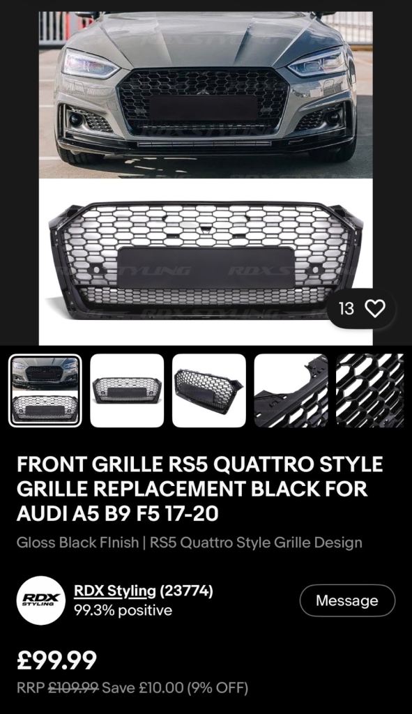 FRONT GRILLE RS5 QUATTRO STYLE GRILLE REPLACEMENT BLACK FOR AUDI A5 B9 F5 17-20