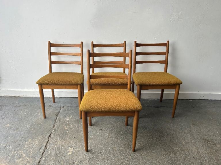 Set of four Schreiber vintage dining chairs original mustard fabric upholstery 1960s-70s