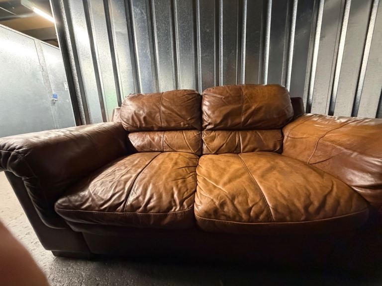 Three Seater Leather Sofa – Brown, Good Condition