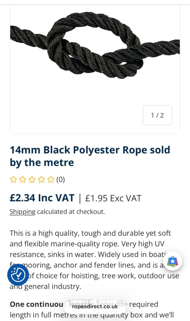 14mm Black Polyester Rope - New, Unused