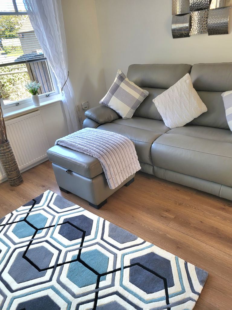 Grey Leather Recliner Sofa and Armchair with Footstool