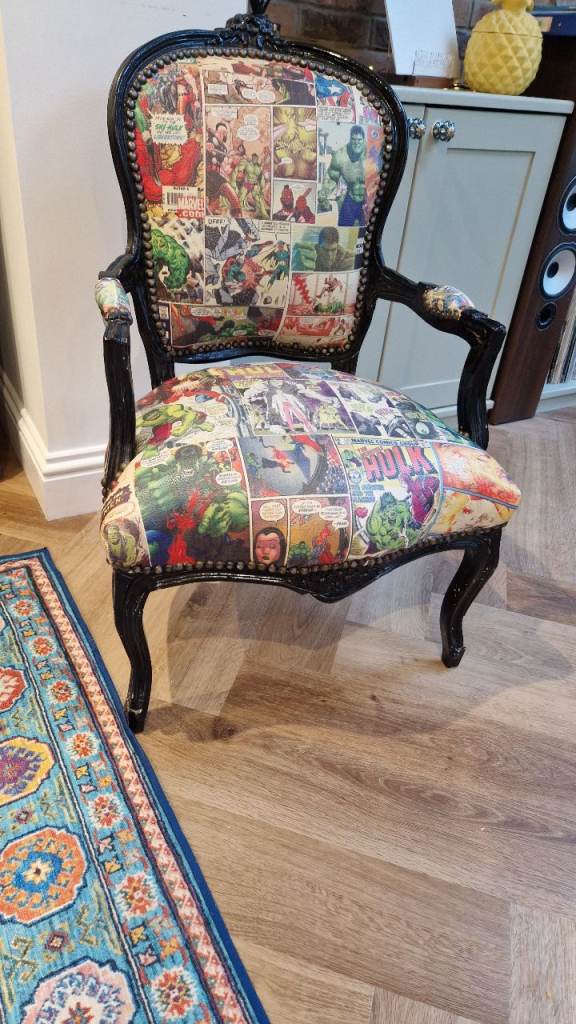 Marvell Comic Book Upholstered Armchair - Black Wood Frame
