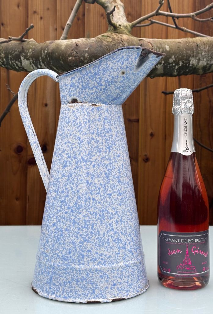 LARGE VINTAGE FRENCH ENAMEL JUG, PITCHER, BROC, VASE, BLUE MARBLED ENAMEL, 1950s - WILL POST!