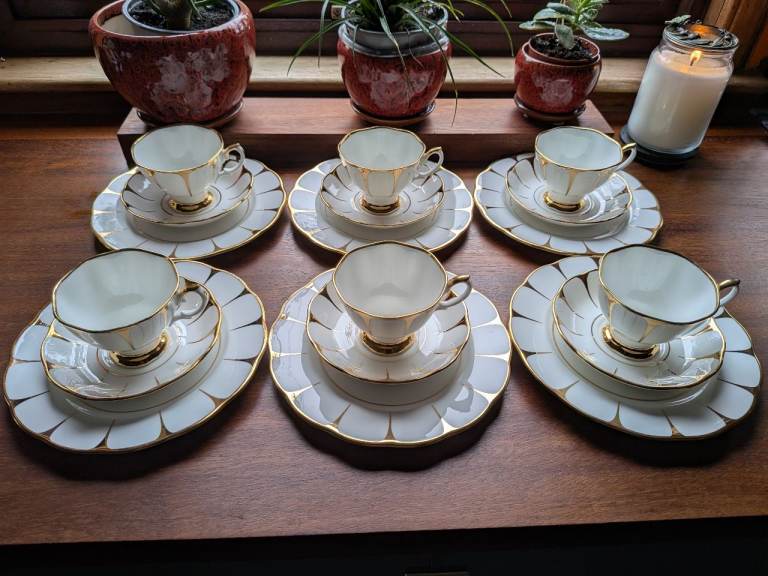 Royal Vale Bone China Tea Set - White & Gold, 6 Trios