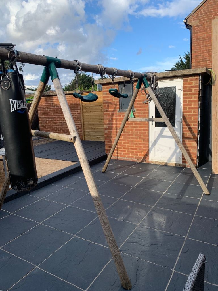 Wooden Swing Set with Punch Bag and Two Swings – Good Condition