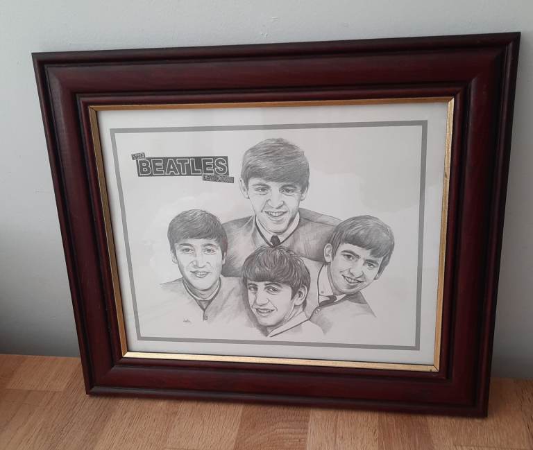 Picture Portrait of The Fab Four Vintage Hand Pencil Drawn Picture 12x10 inches 