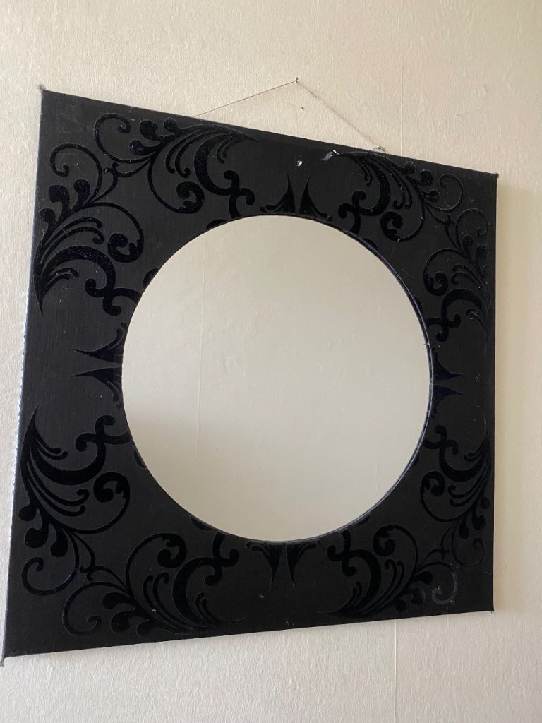 Black Flocked Damask Square Mirror - Gothic Glam Decor