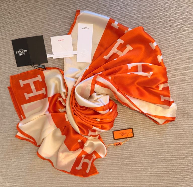 New Hermes Orange Ivory Silk Scarf Shawl 
