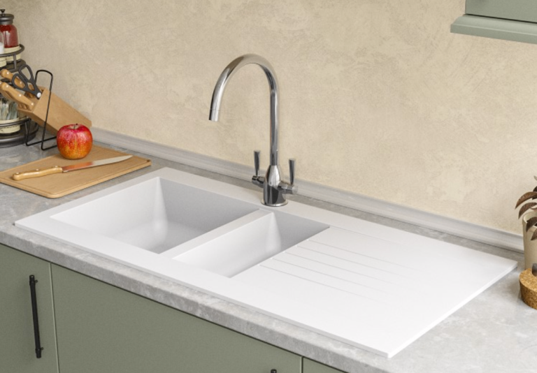 1.5 Bowl Inset White Composite Kitchen Sink with Reversible Drainer (Brand New)