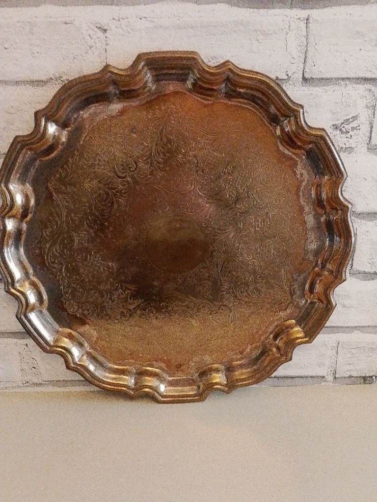 Vintage E,P,B Gold Metal Serving Tray with Engraved Design