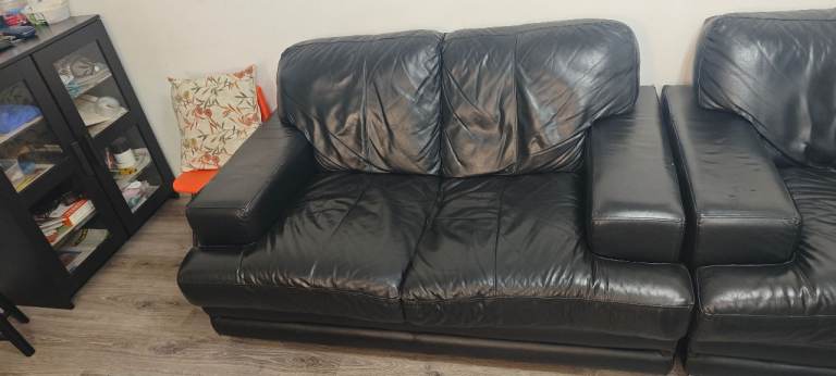 Real Leather Corner Sofa, 2 Seater + 1 Seater Black Leather Sofa