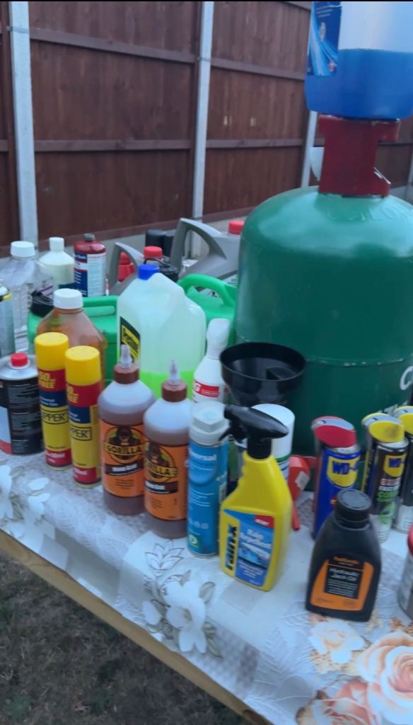 Various Car & Household Cleaning Products, Oils, and Thinner