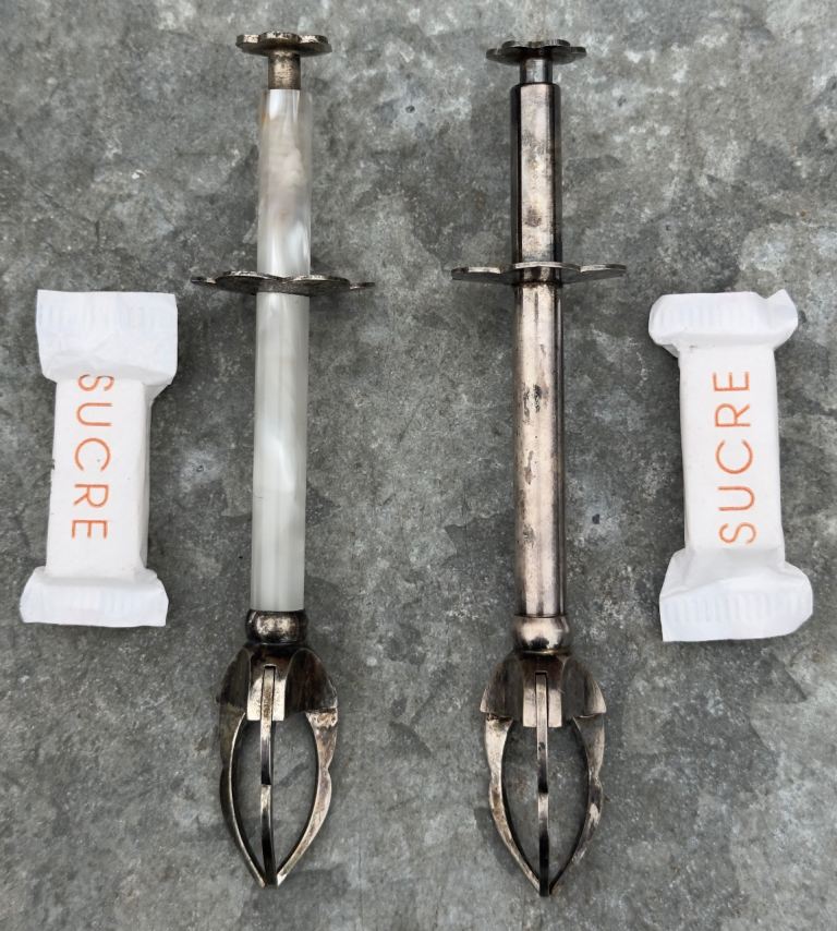 TWO VINTAGE FRENCH SILVER PLATE SUGAR NIPS, MECHANICAL GRABBER ICE TONGS, CHRISTOPHLE? - WILL POST!