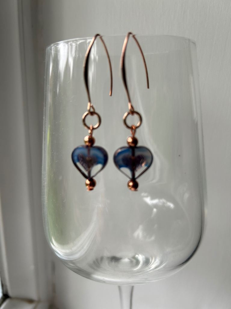 Blue Czech Glass Heart Earrings 