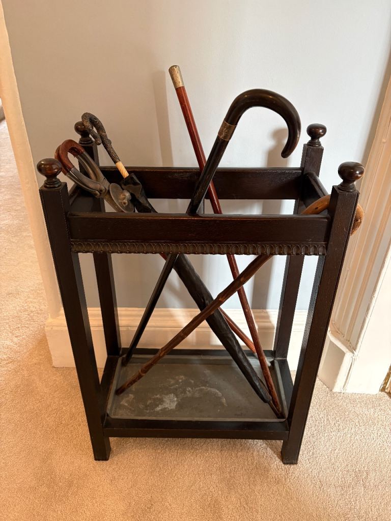Victorian hardwood umbrella stand (plus shooting stick, swagger stick, umbrella and walking sticks)