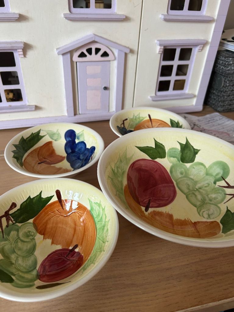 Hand painted Luna stone large bowl and 3 smaller 