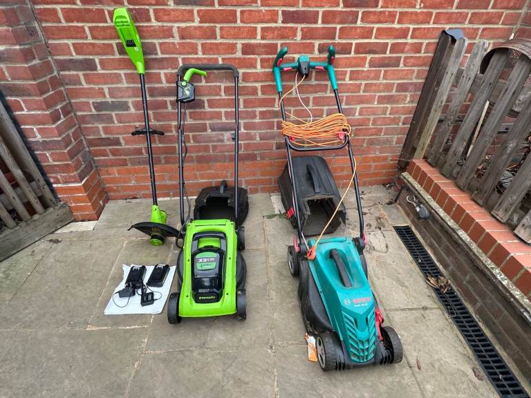 One mains powered Bosch and one 24v mower for sale with strimmer