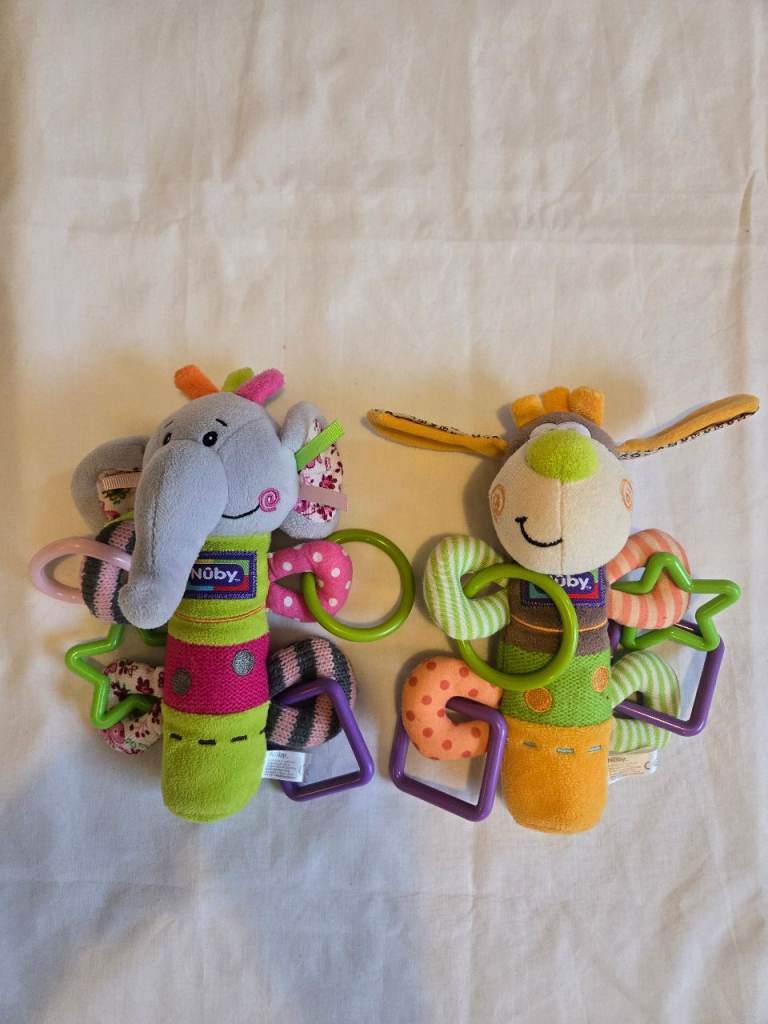 Nuby Multi-colored Elephant and Dog Squeaky Rattle Toy 