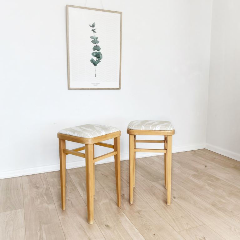 Pair of vintage beech stools with Scandinavian fabric (three available)